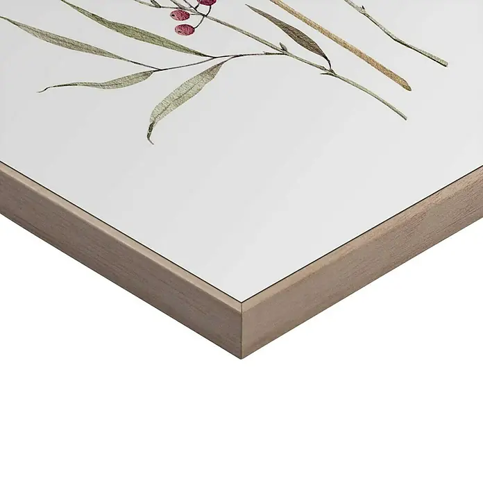 Reinders Bild Slim Frame Wood - Aqua Flowers, B x H: 20 x 30 cm - Detailaufnahme eines gerahmten Bildes mit einem zarten botanischen Motiv und einem schlichten Holzrahmen, ideal für moderne Dekorationen.