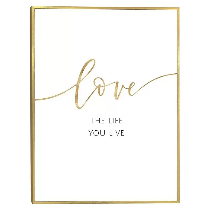Reinders Bild Slim Frame Gold - Life is Love, B x H: 30 x 40 cm - Weißer gerahmter Poster: goldene 'love'-Schrift, schwarzer Text 'THE LIFE YOU LIVE', goldener Rahmen.