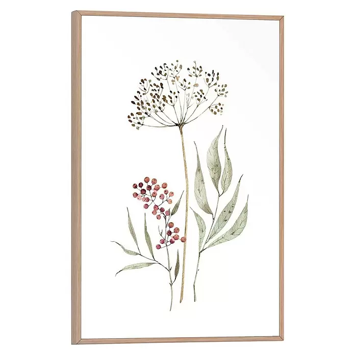 Reinders Bild Slim Frame Wood - Aqua Flowers, B x H: 20 x 30 cm - Gerahmter botanischer Druck in hellem Holz mit braunen Samenständen, roten Beeren und grünen Blättern.