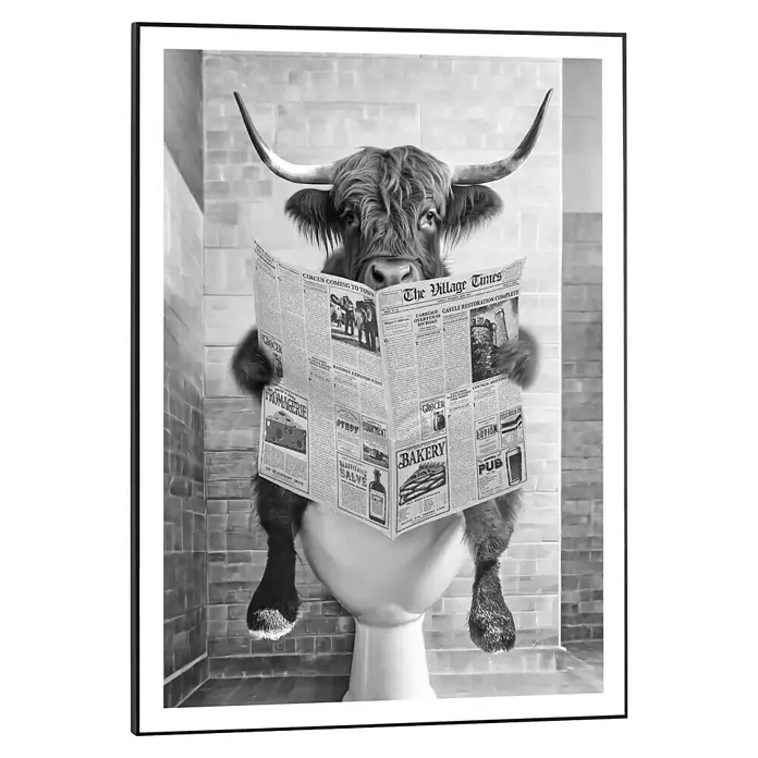 Reinders Bild Slim Frame Black - Highlander Toilet, B x H: 50 x 70 cm - Schwarz-Weiß-Druck eines Highland-Rinds auf der Toilette, das eine Zeitung liest, eine humorvolle und skurrile Badezimmerdekoration.