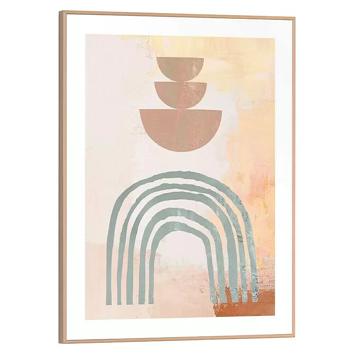 Reinders Bild Slim Frame Wood - Earth Bows, B x H: 30 x 40 cm - Gerahmtes abstraktes Kunstwerk mit gestapelten terrakottafarbenen Halbkreisen und einem salbeigrünen Regenbogen auf strukturiertem rosa Hintergrund. Heller Holzrahmen.
