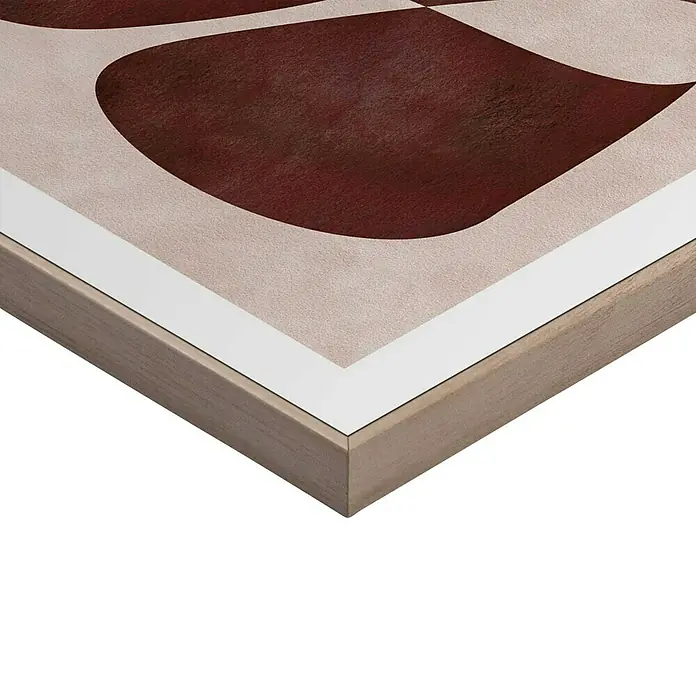 Reinders Bild Slim Frame Wood - Imagination Earth, B x H: 40 x 50 cm - Nahaufnahme eines gerahmten Kunstwerks mit abstrakten Formen in Rot und Beige. Der Holzrahmen ergänzt das moderne Design perfekt.