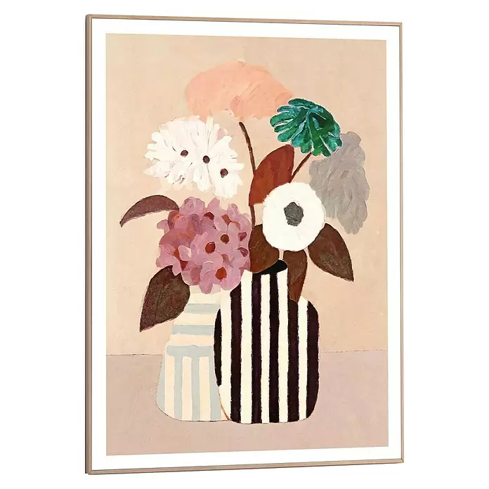 Reinders Bild Slim Frame Wood - Natural Setting, B x H: 50 x 70 cm - Gerahmtes abstraktes Gemälde mit hellem Holzrahmen, das bunte Blumen in zwei gestreiften Vasen zeigt.