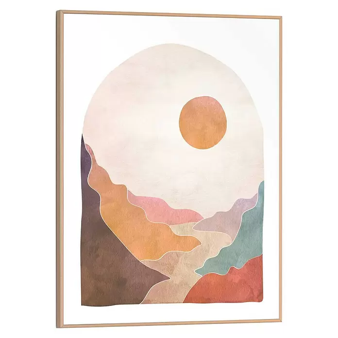 Reinders Bild Slim Frame Wood - Nature Canyon, B x H: 30 x 40 cm - Gerahmter abstrakter Kunstdruck mit Bogen, Sonne und gestufter Landschaft in gedämpften Farben. Heller Holzrahmen.