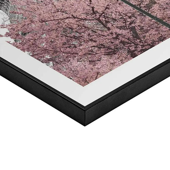 Reinders Bild Slim Frame Black - Spring in Paris, B x H: 50 x 70 cm - Detailansicht eines gerahmten Kunstwerks mit rosa Blüten, das durch einen weißen Passepartout und einen schwarzen Rahmen betont wird.