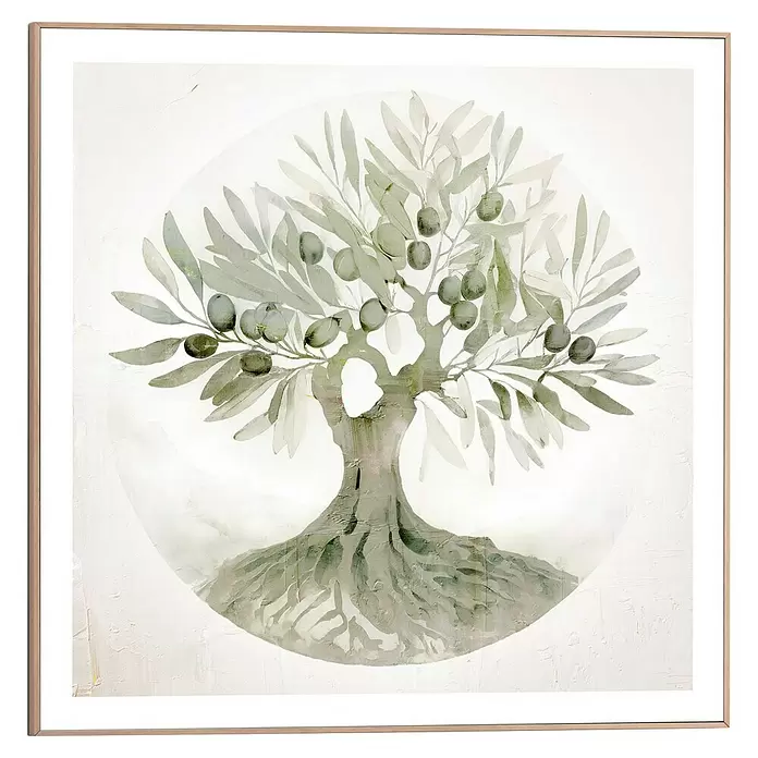 Reinders Bild Slim Frame Wood - Tree of Life, B x H: 50 x 50 cm - Gerahmtes Kunstwerk aus hellem Holz: impressionistischer Olivenbaum mit Oliven und Wurzeln.