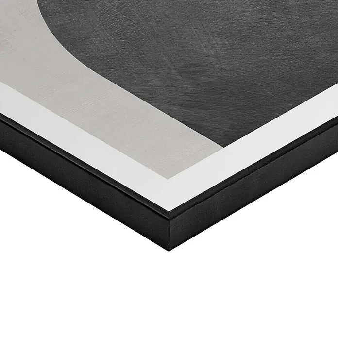 Reinders Bild Slim Frame Black - Balancing, B x H: 40 x 50 cm - Detailansicht eines gerahmten Kunstwerks mit abstraktem Design in Grau- und Weißtönen und einem eleganten schwarzen Rahmen.