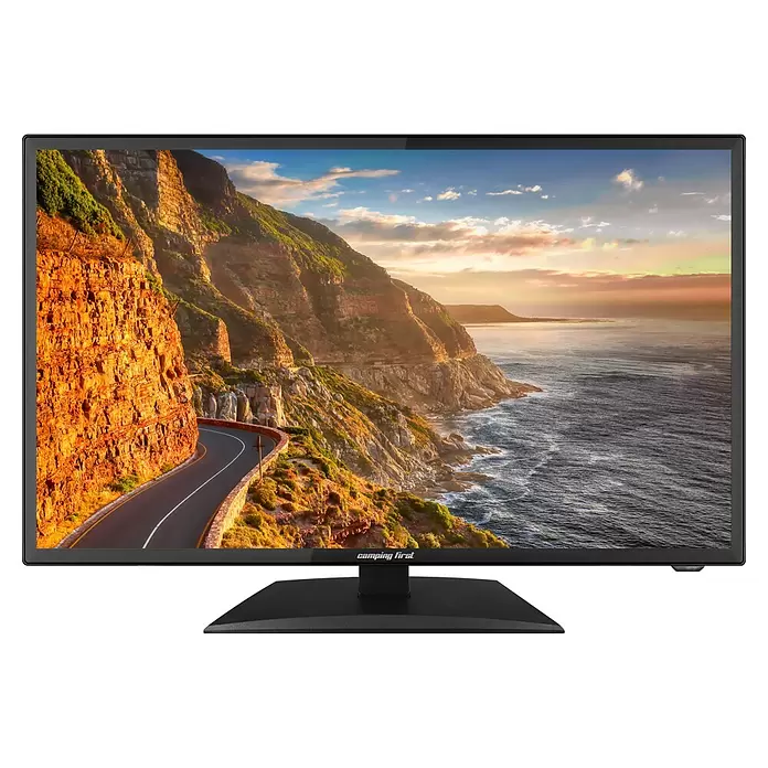 Camping First Smart-TV - 19 " - Schwarzer TV-Monitor mit einer Küstenlandschaft auf dem Bildschirm und einem schwarzen rechteckigen Standfuß.