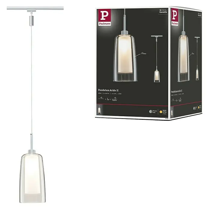 Paulmann URail Lámpara colgante LED Arido II - 5 W, Color de luz: Blanco cálido, Altura: 20 cm - Imagen del producto de la lámpara colgante Arido II de Paulmann en cromo mate, con vidrio transparente. Una elegante lámpara de interior para un ambiente moderno.