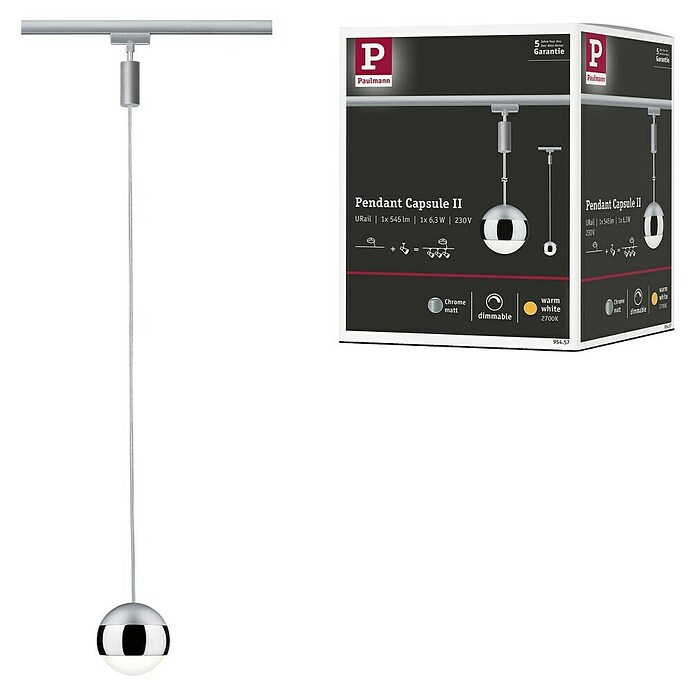 Paulmann URail Lámpara colgante LED Capsule II (1 luz, 6 W, Color de luz: Blanco cálido, Altura: 130 cm)