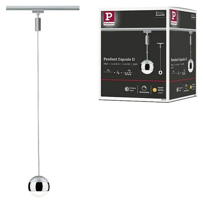 Paulmann URail Lámpara colgante LED Capsule II - Blanco cálido, Cromo, Ø x Al: 8,7 x 130 cm - Imagen del producto: Paulmann Pendant Capsule II, una elegante lámpara colgante en cromo mate, ideal para interiores modernos.\n