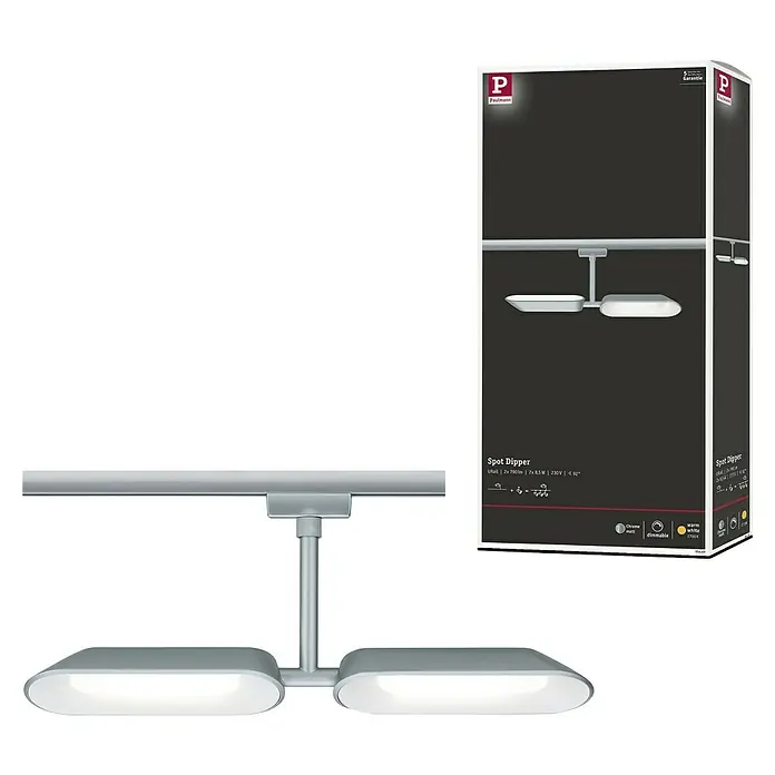 Paulmann URail Regleta LED para riel Dipper - 16 W - La imagen muestra una lámpara Paulmann URail Spot Dipper con dos focos y una imagen del embalaje del producto.
