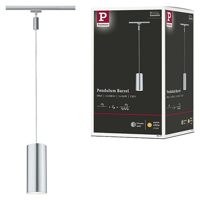 Paulmann URail Lámpara colgante LED Barrel (1 luz, 6 W, Color de luz: Blanco cálido, Altura: 135 cm)