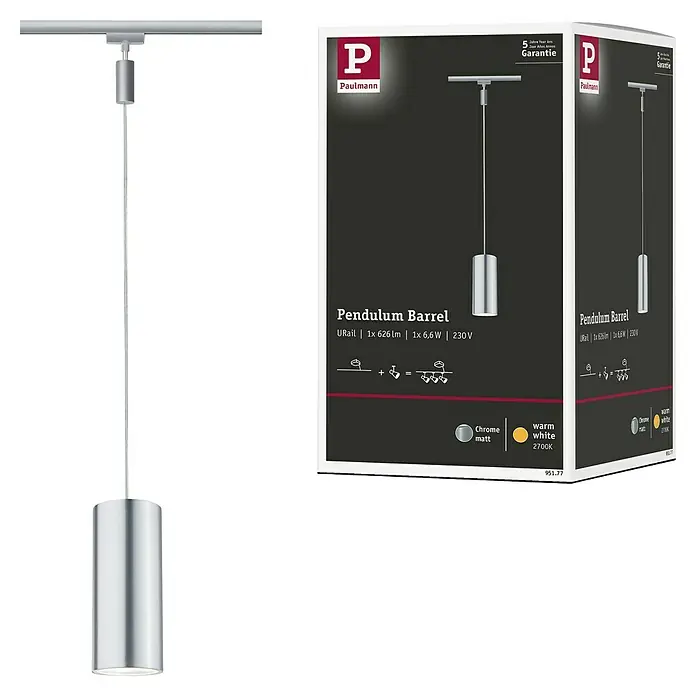 Paulmann URail LED-Pendelleuchte Barrel - 6 W, Lichtfarbe: Warmweiß, Höhe: 135 cm - Abbildung einer Paulmann URail Pendelleuchte Barrel in Chrom matt, ideal für modernes Wohnraumdesign mit warmweißem Licht und einfacher Installation.