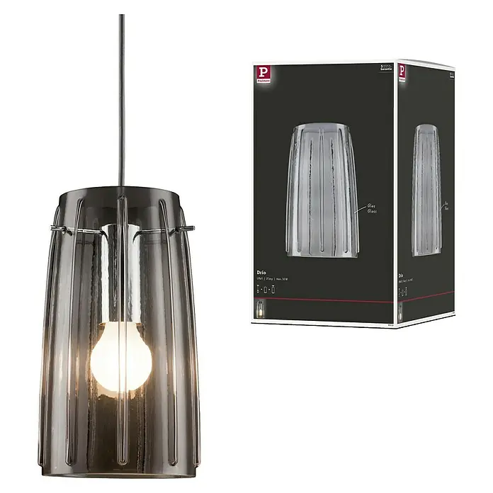Paulmann URail 2Easy Pantalla de lámpara Drio - Diámetro: 15,2 cm, Transparente, Vidrio, Redonda - Primer plano de una lámpara colgante moderna con pantalla de cristal y un embalaje que muestra el mismo producto.