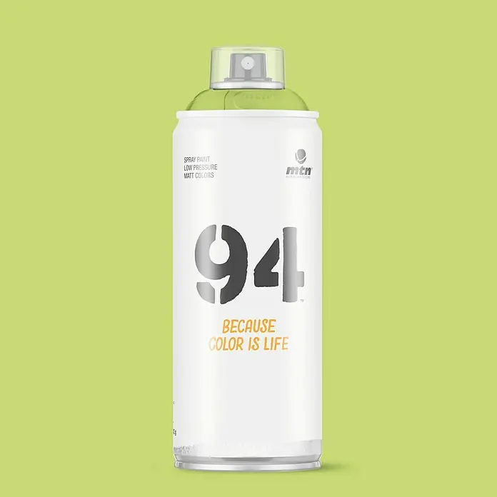 mtn Pintura decorativa en spray 94 - Verde pistacho, Mate, 400 ml - Primer plano de un spray MTN 94, famoso por su baja presión y colores mate, ideal para aplicaciones artísticas versátiles.