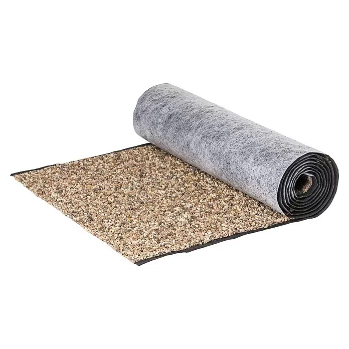 Heissner Steinfolie Meterware - Breite: 60 cm - Teilweise abgerollte Dachpappe mit beiger Granulatoberfläche und grauer Unterseite.