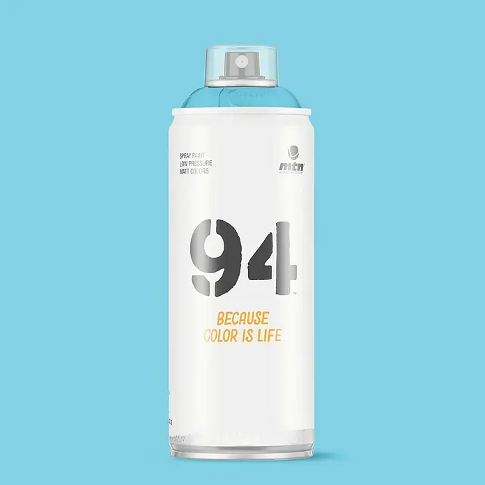 mtn Pintura decorativa en spray 94 - Azul hydra, Mate, 400 ml - Primer plano de una lata de pintura en aerosol MTN 94, conocida por su baja presión y colores mate. Muestra "Porque el color es vida".