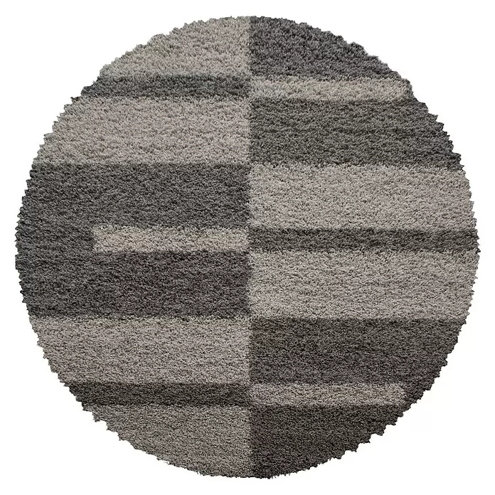 Hochflorteppich Gala - Taupe, Durchmesser: 200 cm, 100 % Polypropylen - Runder Teppich mit abwechselnd hell- und dunkelgrauen Streifen und Karos.