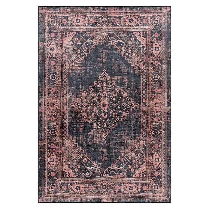 Flachgewebeteppich Fiesta - Rot/Grau, 250 x 80 cm, 100 % Polyester - Antiker Teppich im Used-Look mit dunkelblauer Basis und rosa geometrischen und floralen Mustern.
