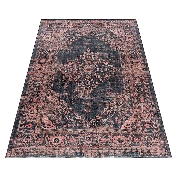 Flachgewebeteppich Fiesta - Rot/Grau, 250 x 80 cm, 100 % Polyester - Rechteckiger, dunkelblauer und pinker Teppich mit traditionellem Vintage-Muster.