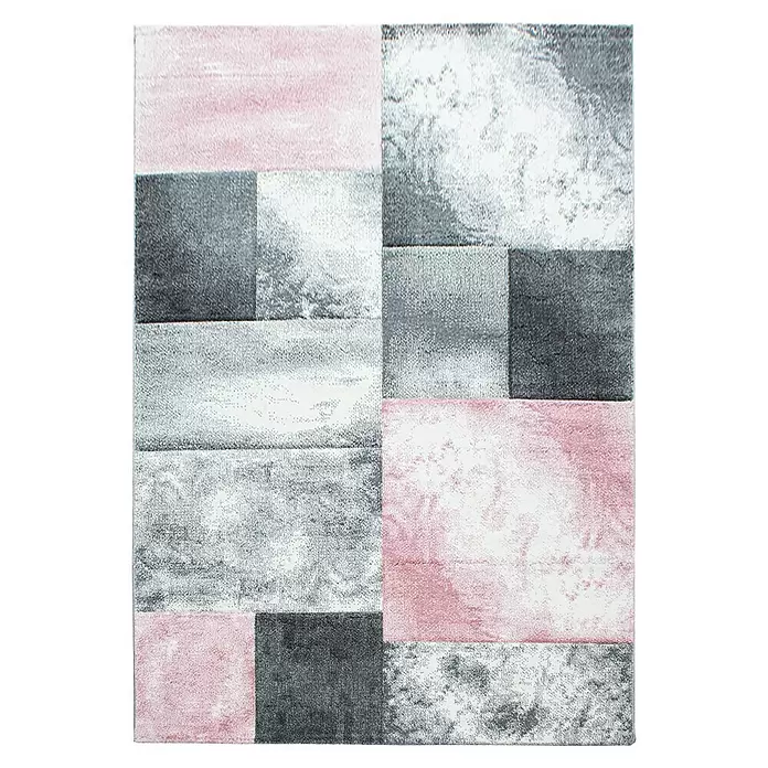 Kurzflorteppich Hawaii 1710 - Pink, 200 x 140 cm, 100 % Polypropylen - Plüschteppich mit abstrakten geometrischen Blöcken in Rosa, Grau und Weiß.