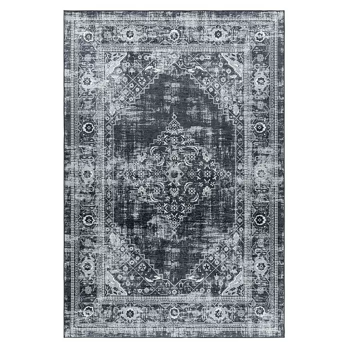 Flachgewebeteppich Fiesta - Schwarz/Grau, 290 x 200 cm, 100 % Polyester - Rechteckiger, dunkelgrauer Teppich im Used-Look mit verblasstem traditionellem Muster.
