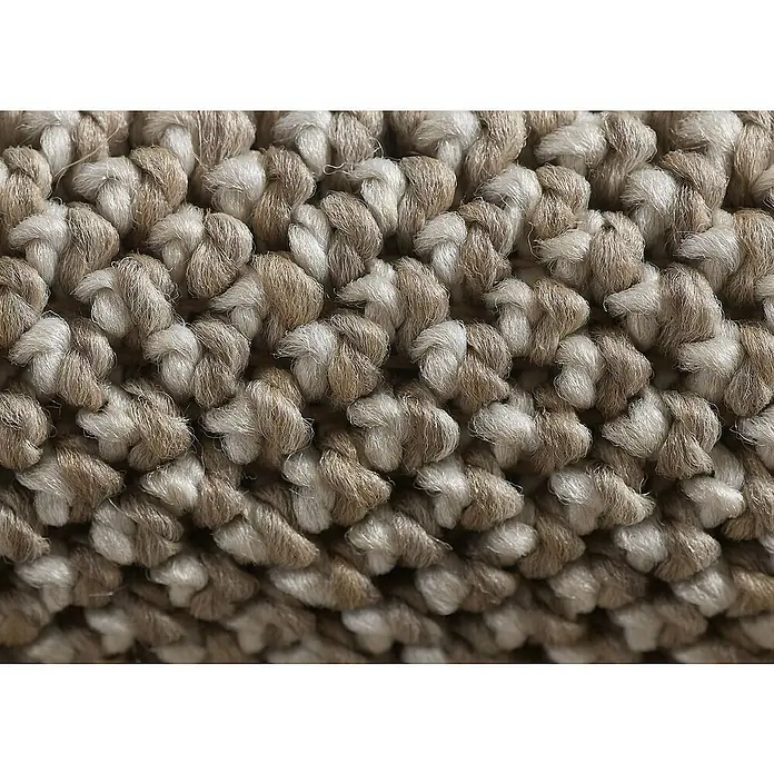 Flachgewebeteppich Loom - Braun, Durchmesser: 160 cm, 100 % Polypropylen - Nahaufnahme eines beigen Berberteppichs, der eine Textur aus dichten Schlaufen und neutralen Farbtönen für einen warmen und einladenden Bodenbelag aufweist.