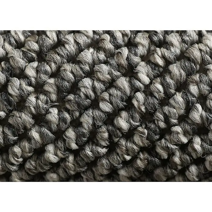 Flachgewebeteppich Loom - Grau, Durchmesser: 200 cm, 100 % Polypropylen - Nahaufnahme eines grauen Teppichs mit einer dichten, texturierten Oberfläche. Die Farbpalette reicht von hellem Grau bis zu dunkleren Anthrazittönen.