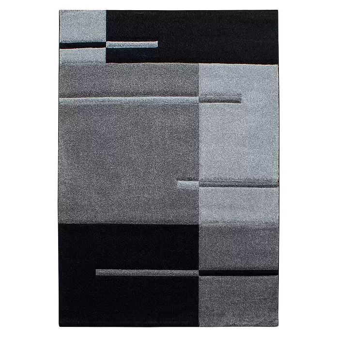 Kurzflorteppich Hawaii 1310 - Grau, 370 x 280 cm, 100 % Polypropylen - Strukturierter Teppich mit modernem geometrischem Muster in Schwarz und Grau.
