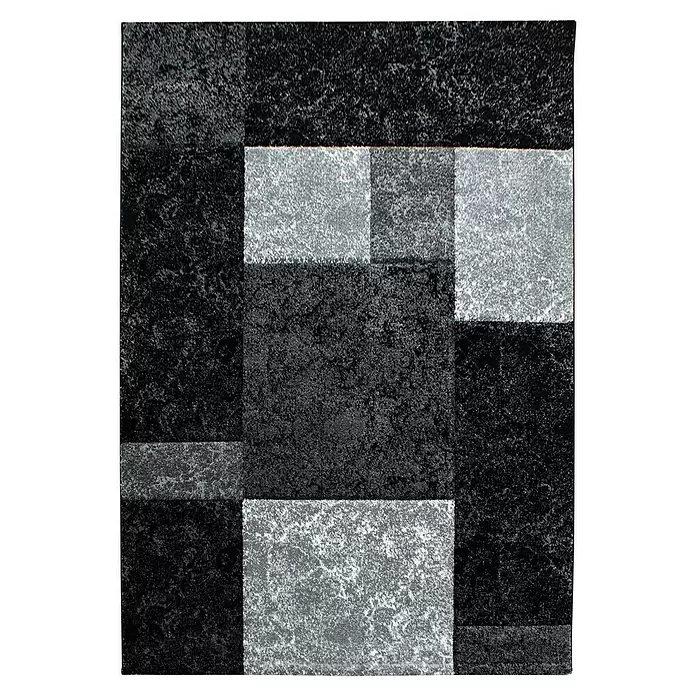 Kurzflorteppich Hawaii 1330 - Schwarz, 370 x 280 cm, 100 % Polypropylen - Geometrischer Teppich mit Mosaikmuster aus schwarzen, dunkelgrauen und hellgrauen Quadraten und Rechtecken, mit texturierter Oberfläche.