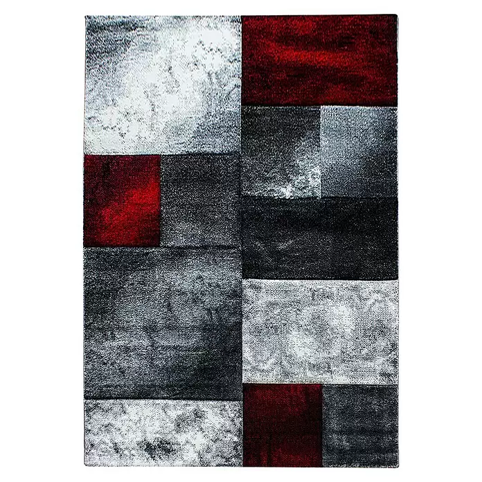 Kurzflorteppich Hawaii 1710 - Rot, 200 x 140 cm, 100 % Polypropylen - Geometrischer Patchwork-Teppich mit Blöcken in Rot, Schwarz, Weiß und Grau.