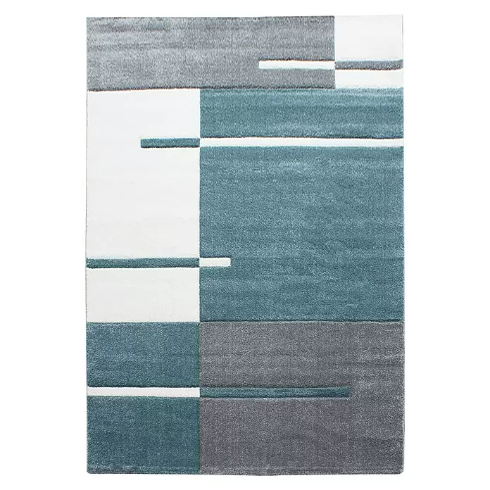 Kurzflorteppich Hawaii 1310 - Blau, 340 x 240 cm, 100 % Polypropylen - Weicher Teppich mit abstraktem geometrischem Muster in weißen, grauen und türkisen Blöcken und Linien.