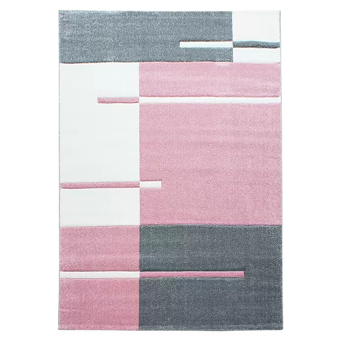 Kurzflorteppich Hawaii 1310 - Pink, 200 x 140 cm, 100 % Polypropylen - Ein weicher, geometrisch gemusterter Teppich mit weißen, altrosa und dunkelgrauen Blöcken, akzentuiert durch dünne Querstreifen.