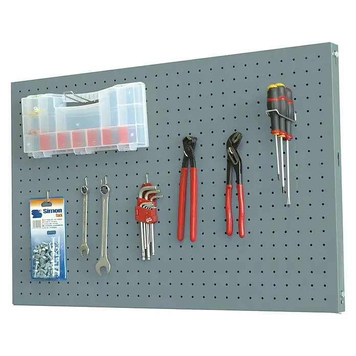 Simonrack Panelclick Panel perforado - An x L: 60 x 90 cm - Panel de herramientas con varias herramientas, incluyendo llaves, alicates, destornilladores y llaves Allen.
