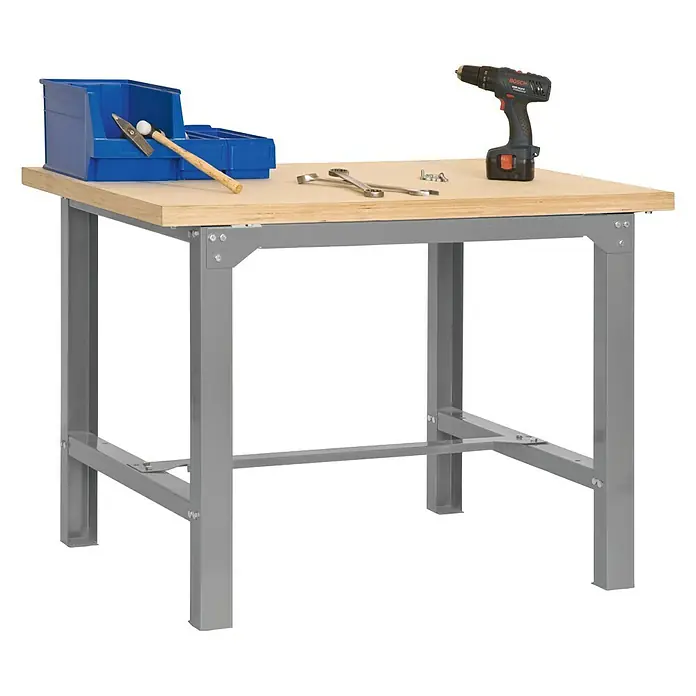 Simonrack Simonwork Werkbank BT6L MDF 1500 - L x B: 75 x 150 cm, Arbeitshöhe: 86,5 cm, Belastbarkeit: 600 kg, Grau/Holz - Werkbank mit Werkzeugen wie Hammer, Schraubenschlüssel, Bohrmaschine und Schrauben. Ideal für Werkstatt und Heimwerkerprojekte.