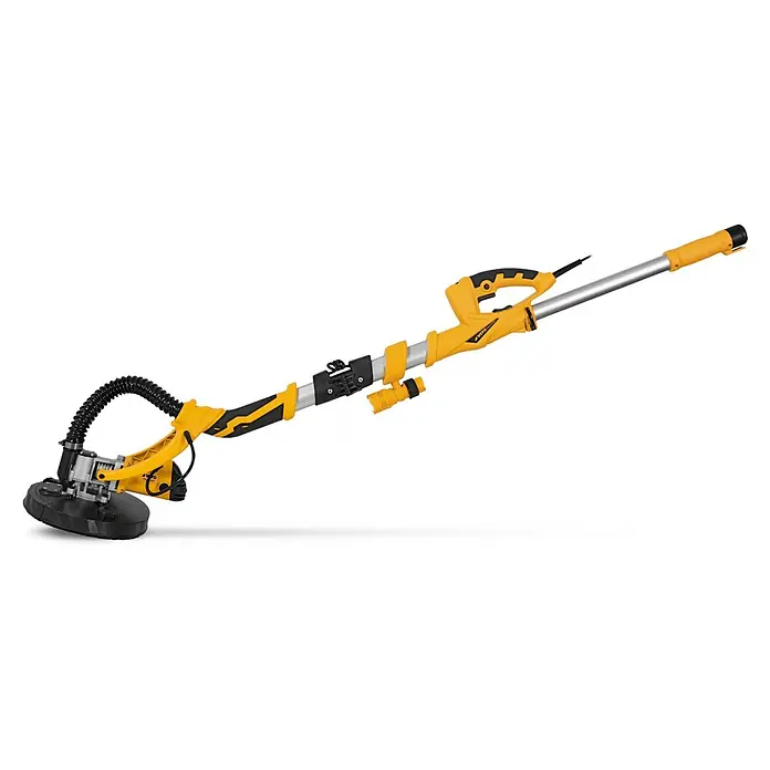 Vito Lijadora de pared y techo VILGE710 - 710 W, Diámetro disco de lija: 215 mm - Esta imagen muestra una lijadora de paneles de yeso amarilla con mango telescópico, utilizada para lijar paredes y techos.