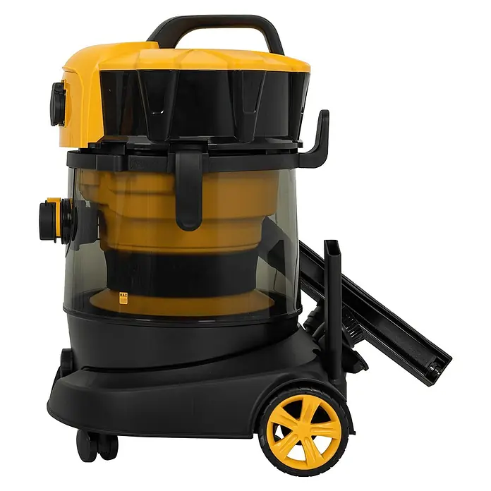 Vito Aspirador en seco y húmedo eléctrico VIAG25 - 1.200 W, Volumen de recipiente: 25 l, Sin bolsa - La imagen muestra un aspirador en seco y húmedo amarillo y negro con ruedas y asa para facilitar el transporte.