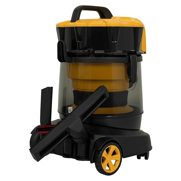 Vito Aspirador en seco y húmedo eléctrico VIAG25 - 1.200 W, Volumen de recipiente: 25 l, Sin bolsa - Imagen de una aspiradora amarilla y negra. La aspiradora es cilíndrica y tiene un asa en la parte superior. También tiene ruedas para facilitar el transporte.
