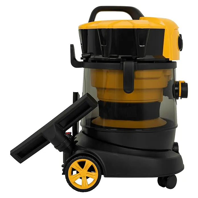 Vito Aspirador en seco y húmedo eléctrico VIAG25 - 1.200 W, Volumen de recipiente: 25 l, Sin bolsa - Un aspirador de sólidos y líquidos negro y amarillo con ruedas y asa de transporte.