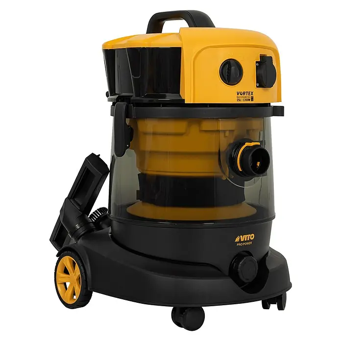 Vito Aspirador en seco y húmedo eléctrico VIAG25 - 1.200 W, Volumen de recipiente: 25 l, Sin bolsa - La aspiradora Vito Pro Power Vortex, con una capacidad de 25L y 1200W de potencia, es ideal para taller y garaje.