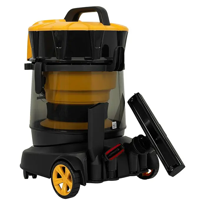 Vito Aspirador en seco y húmedo eléctrico VIAG25 - 1.200 W, Volumen de recipiente: 25 l, Sin bolsa - Una aspiradora amarilla y negra con varios accesorios para limpiar diferentes superficies.