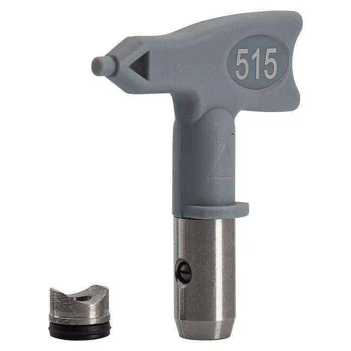 Boquilla de pulverización 515 - Específico para: Sistema de pulverización de pintura VIMPA850 - Primer plano de una boquilla de pulverizador de pintura 515, con una punta gris y una base de metal plateado. Perfecta para una aplicación precisa de pintura.