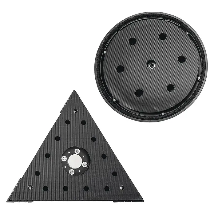 Vito Lijadora de pared y techo VILGE710 - 710 W, Diámetro disco de lija: 215 mm - La imagen muestra accesorios de lija triangulares y circulares para herramientas eléctricas, ideales para diversas aplicaciones de pulido.