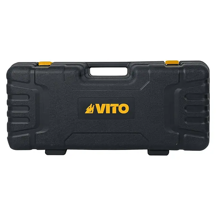 Vito Lijadora de pared y techo VILGE710 - 710 W, Diámetro disco de lija: 215 mm - Caja de herramientas negra Vito con logotipo amarillo y asa para transportar herramientas y accesorios.