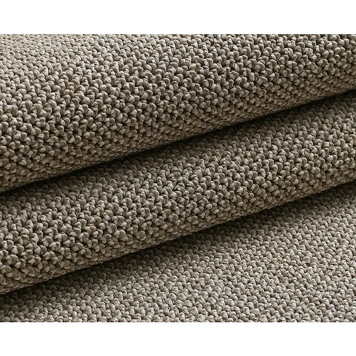 Flachgewebeteppich Loom - Braun, Durchmesser: 160 cm, 100 % Polypropylen - Nahaufnahme von drei gerollten Teppichen mit einer markanten, schlingenartigen Textur in einem neutralen Farbton.