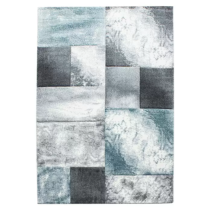 Kurzflorteppich Hawaii 1710 - Blau, 340 x 240 cm, 100 % Polypropylen - Rechteckiger Teppich mit modernem geometrischem Muster in Grau-, Weiß- und Hellblautönen.