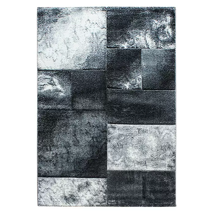 Kurzflorteppich Hawaii 1710 - Grau, 200 x 140 cm, 100 % Polypropylen - Rechteckiger Teppich mit abstraktem, abgenutztem Muster aus schwarzen, grauen und weißen geometrischen Blöcken.