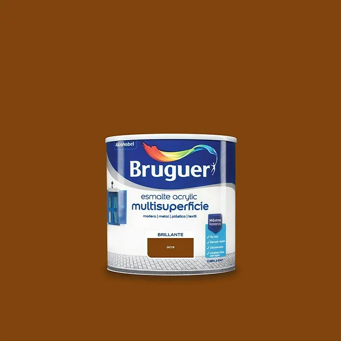 Bruguer Esmalte de color Acrylic multisuperficie - Ocre, Brillante, 250 ml, Base de agua - Esmalte acrílico multisuperficies Bruguer en color ocre, ideal para madera, metal, plástico y textiles. Secado rápido y ultra lavable.
