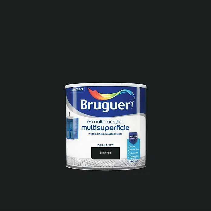 Bruguer Esmalte de color Acrylic multisuperficie - Gris medio, Brillante, 250 ml, Base de agua - Bote de pintura acrílica multi superficie Bruguer en gris, ideal para madera, metal, plástico y textiles. Máxima resistencia y brillo garantizados.